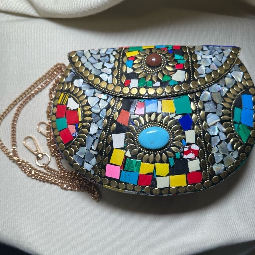 Ramla Mosaic Clutch Boho Stone Inlay Brass Purse Chain Strap Boho